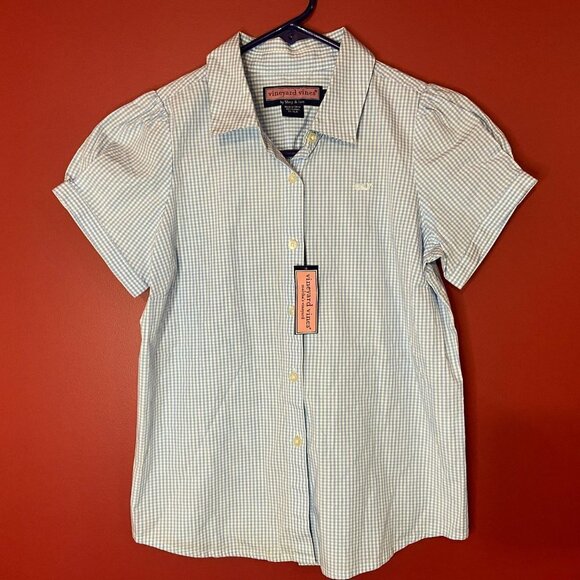 Vineyard Vines Girl's Blue Check Button Up Shirt - Size Large - NWT - Picture 1 of 3